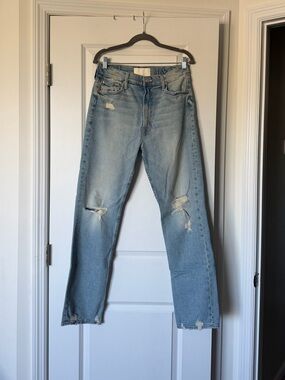 MOTHER High Waisted Rider Skimp Light Blue Distressed Straight-Leg Jeans